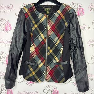 Cartise jacket coat zip up plaid black faux leather sleeves zipper gold hardware